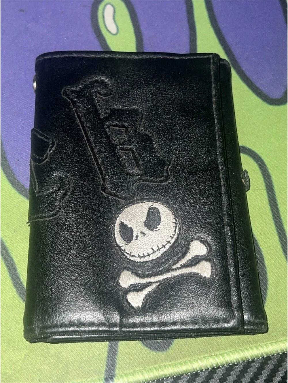 Vintage Black Trifold Wallet Jack Skellington Skull Crossbones Disneyland